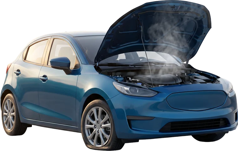 Car with an open, steaming hood and a flat tyre