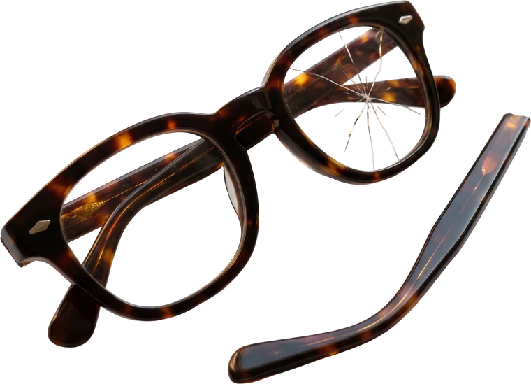 Glasses with a cracked lens and a broken arm