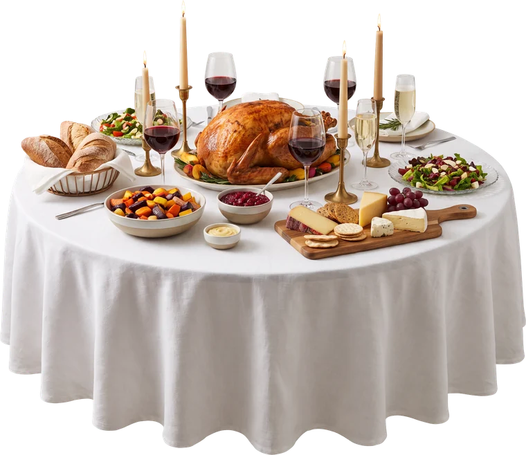 Round festive table full of food