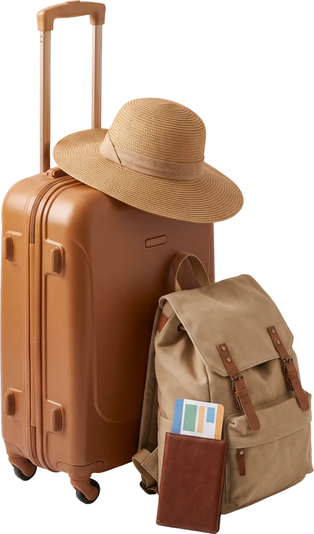 Suitcase with straw hat and backpack