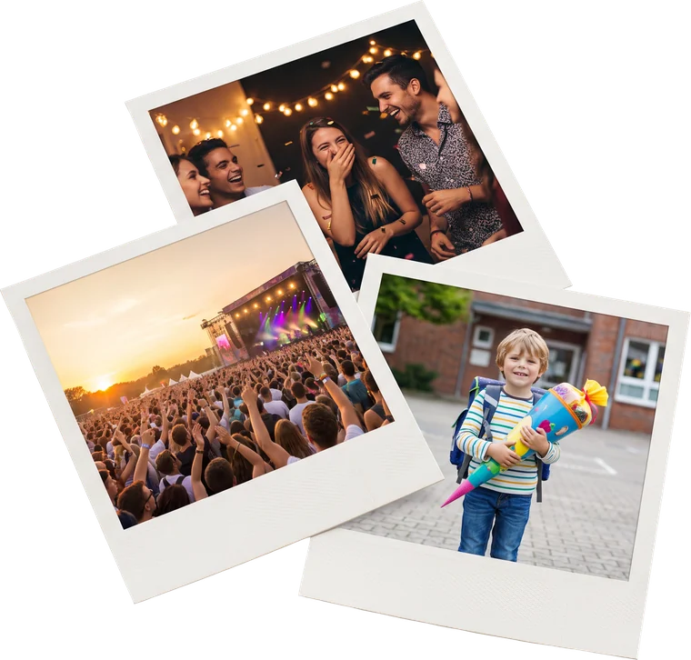 Three polaroids of a party, a festival and a first day of school
