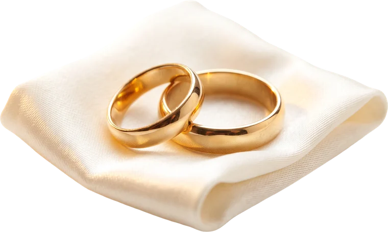 Two gold wedding rings on satin