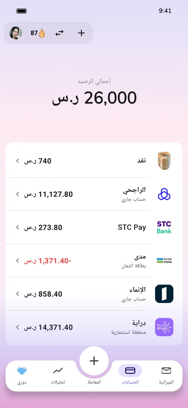 كل الحسابات في نظرة واحدة: النقد والحساب الجاري وبطاقة الائتمان والمحفظة الاستثمارية