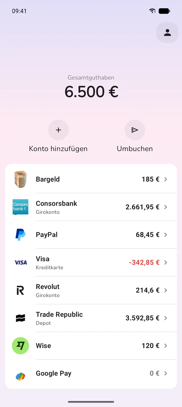 Alle Konten verwalten: Girokonto, PayPal, Bargeld, Kreditkarte und ETF-Depot in einer Übersicht