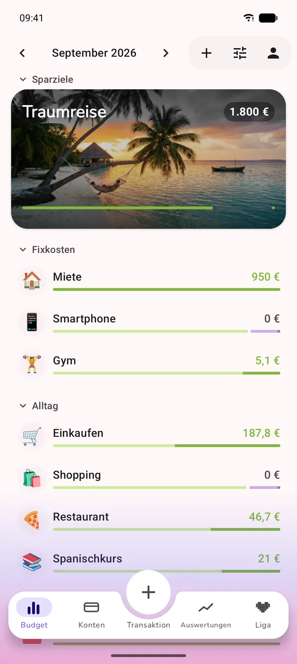GetALife Budget-App: Monatsbudget mit Kategorien für Wünsche, Fixkosten und Bedürfnisse