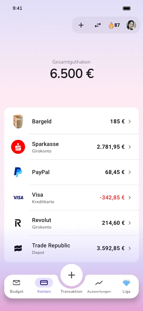 Alle Konten in einer Übersicht: Bargeld, Girokonto, PayPal, Kreditkarte und Depot