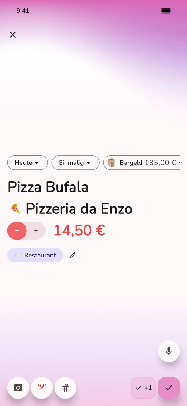 Neue Ausgabe in der GetALife App, vorausgefüllt: Pizza Bufala in der Pizzeria da Enzo, bar bezahlt, Kategorie Restaurant