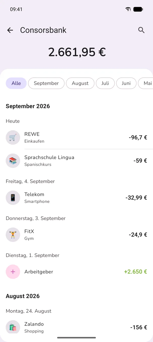 Ausgaben im Blick: Transaktionsliste mit Kategorien und nach Tagen gruppierten Buchungen
