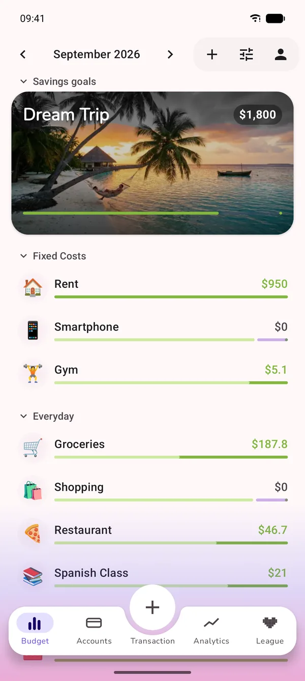 Cash stuffing, digitally, in GetALife: budget categories with limits and an available amount