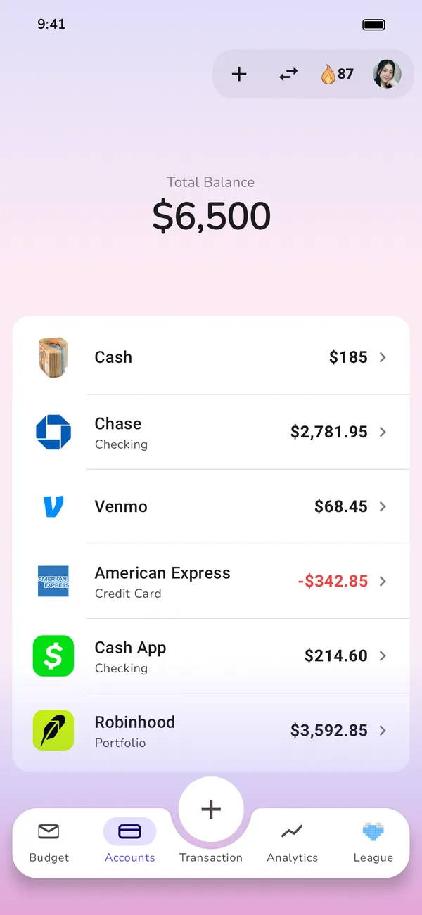 All accounts in one overview: cash, checking, credit card and portfolio