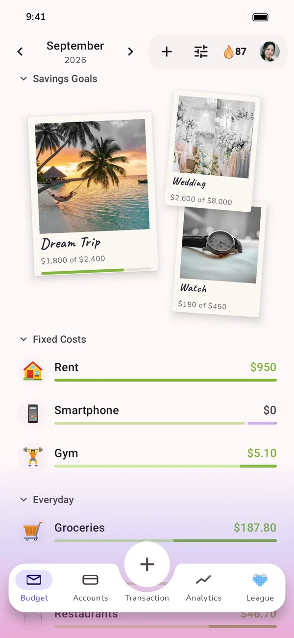 Monthly budget with savings goals, categories and available amounts in the GetALife app