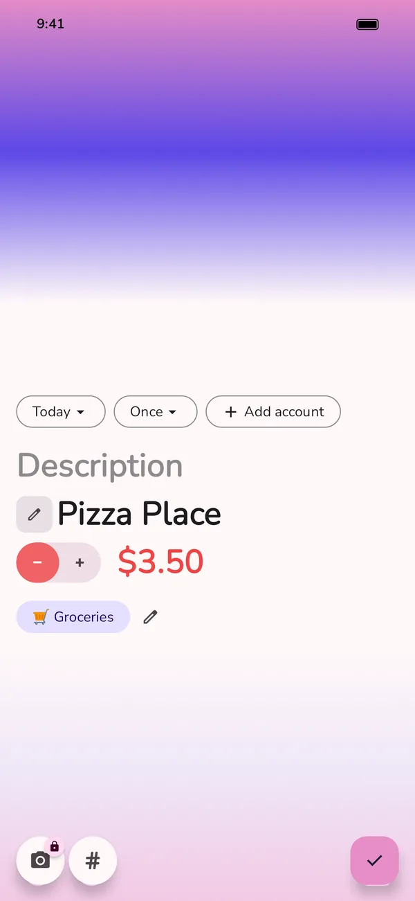 Adding an expense in the GetALife app with amount, merchant and category