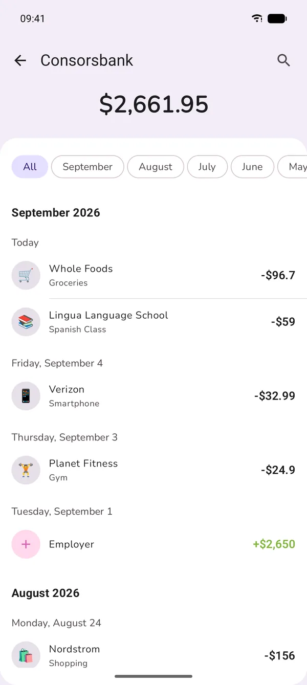 GetALife expense tracker app: transaction list with categories and amounts, grouped by day