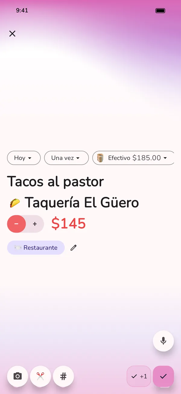 Nuevo gasto en la app GetALife, ya lleno: tacos al pastor en Taquería El Güero, pagado en efectivo, categoría Restaurante