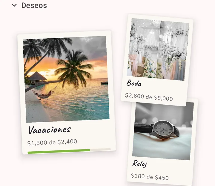 Metas de ahorro como polaroids en el presupuesto: viaje soñado, boda y reloj con su avance