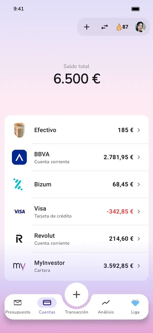 Todas tus cuentas en una vista: efectivo, cuenta corriente, tarjeta de crédito y cartera de inversión