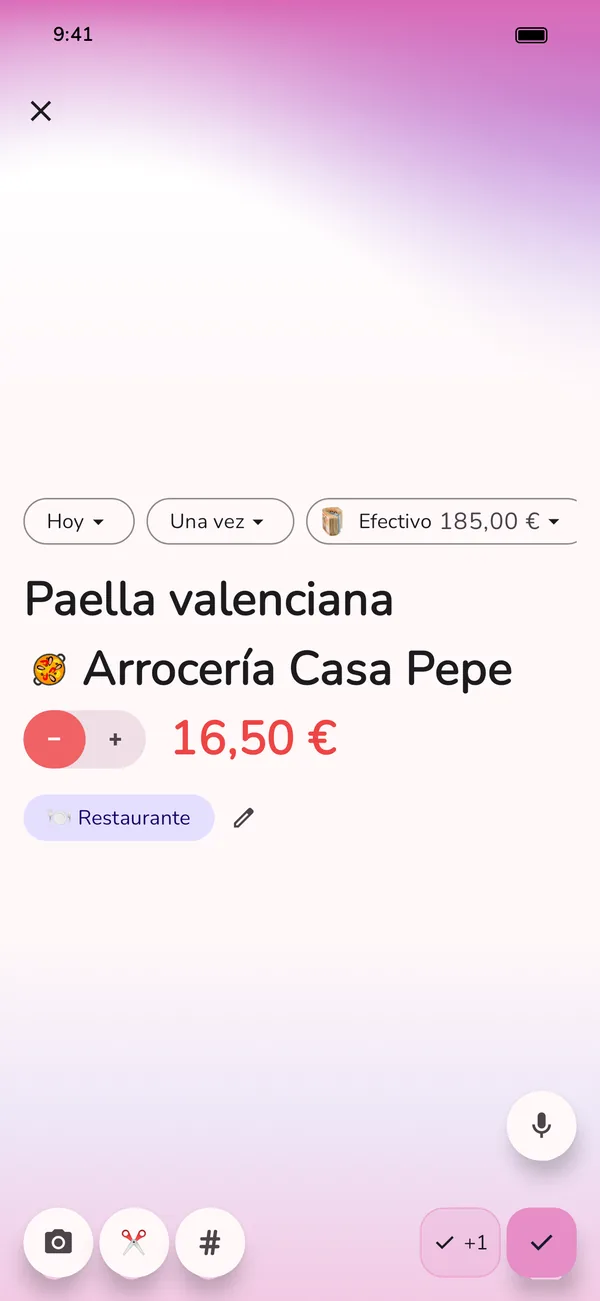 Nuevo gasto en la app GetALife, ya rellenado: paella valenciana en Arrocería Casa Pepe, pagado en efectivo, categoría Restaurante
