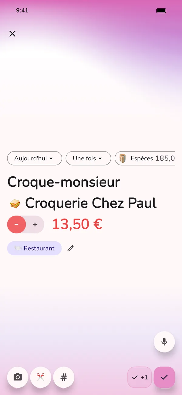 Nouvelle dépense dans l’appli GetALife, déjà remplie : croque-monsieur à la Croquerie Chez Paul, payé en espèces, catégorie Restaurant