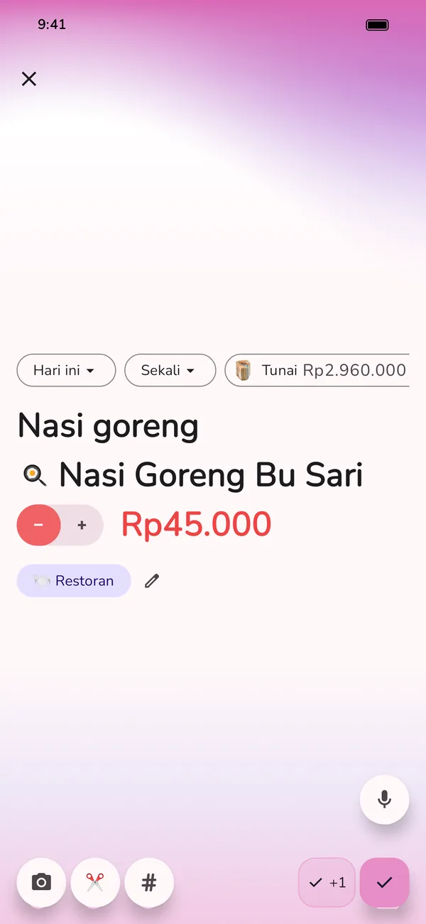 Pengeluaran baru di aplikasi GetALife, sudah terisi: nasi goreng di Nasi Goreng Bu Sari, dibayar tunai, kategori Restoran