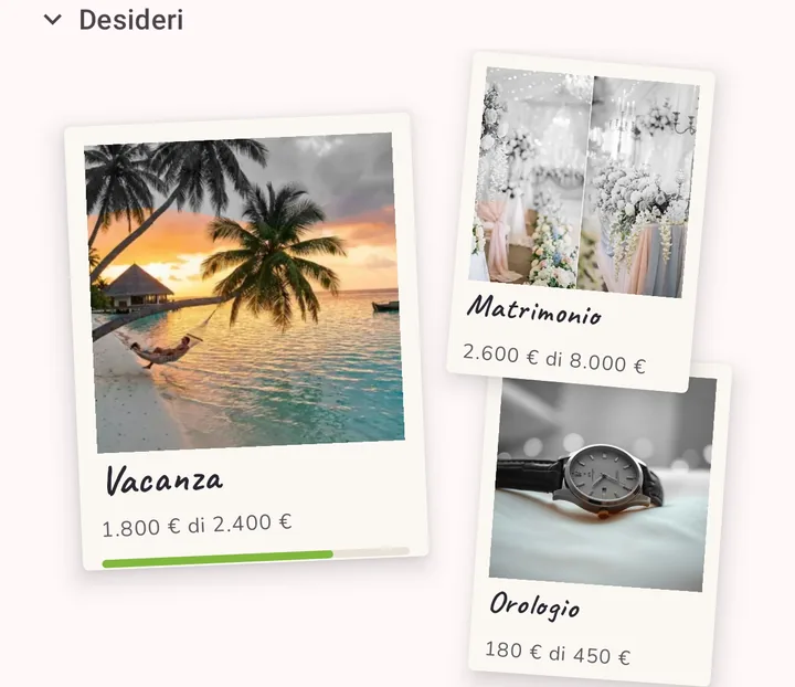 Obiettivi di risparmio come polaroid sul budget: viaggio dei sogni, matrimonio e orologio con i progressi