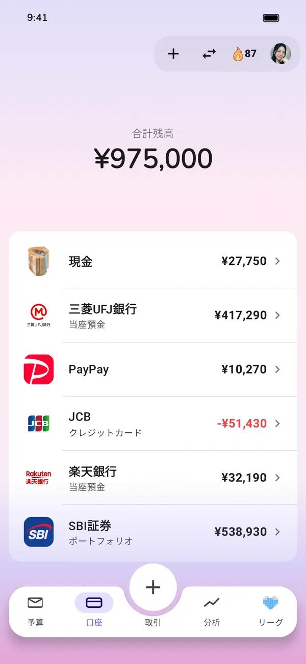 現金、普通預金、クレジットカード、証券口座をひとつにまとめた一覧