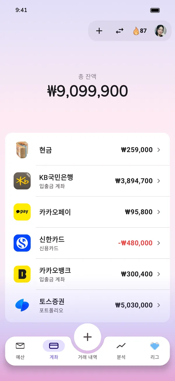 현금, 입출금 계좌, 신용카드, 투자 계좌를 한 화면에서 보는 계좌 목록