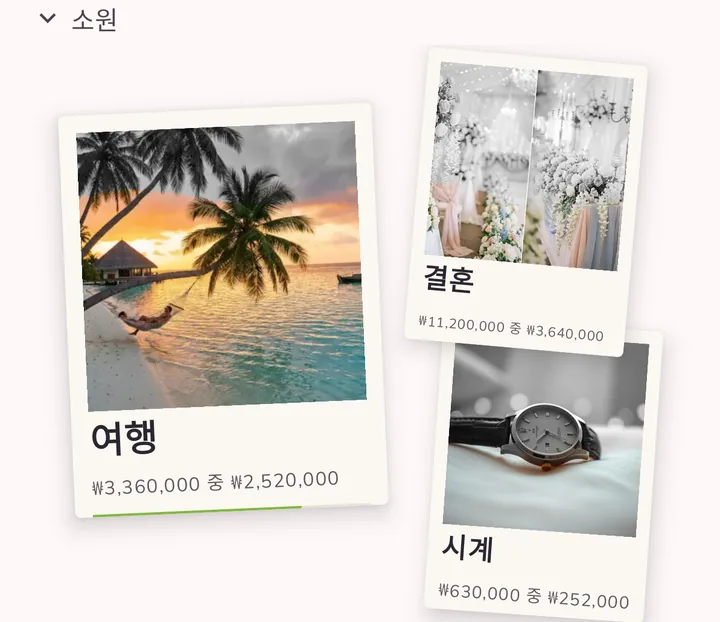 예산 위 폴라로이드로 보는 저축 목표: 꿈의 여행, 결혼식, 손목시계와 진행 상황