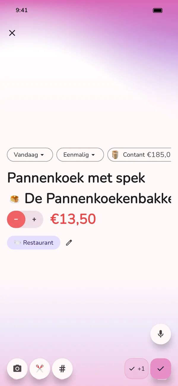 Nieuwe uitgave in de GetALife-app, al ingevuld: pannenkoek met spek bij De Pannenkoekenbakker, contant betaald, categorie Restaurant