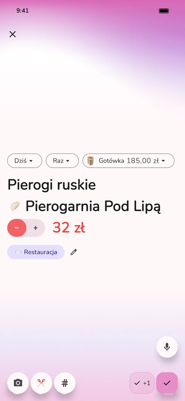 Nowy wydatek w aplikacji GetALife, już wypełniony: pierogi ruskie w Pierogarni Pod Lipą, płatność gotówką, kategoria Restauracja