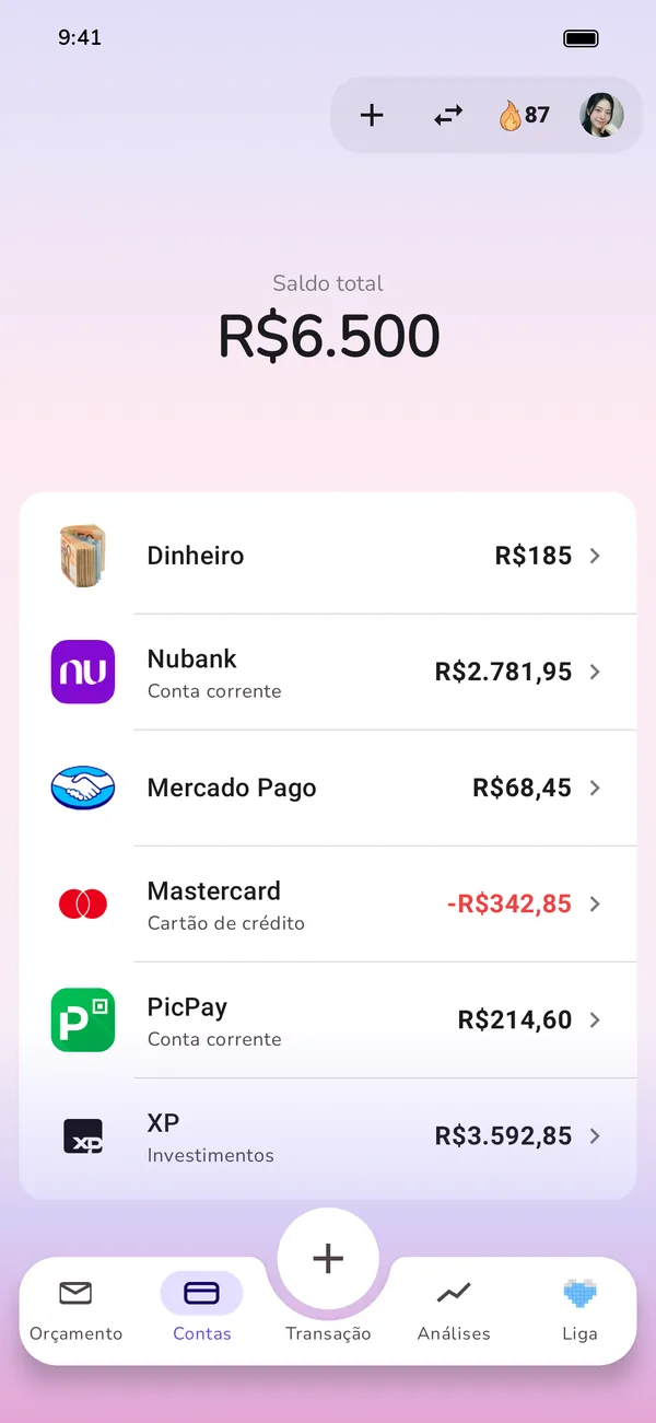 Todas as contas em uma só visão: dinheiro, conta corrente, cartão de crédito e investimentos