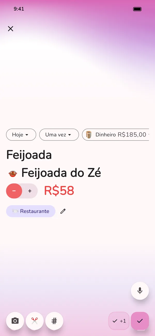 Novo gasto no app GetALife, já preenchido: feijoada no Feijoada do Zé, pago em dinheiro, categoria Restaurante