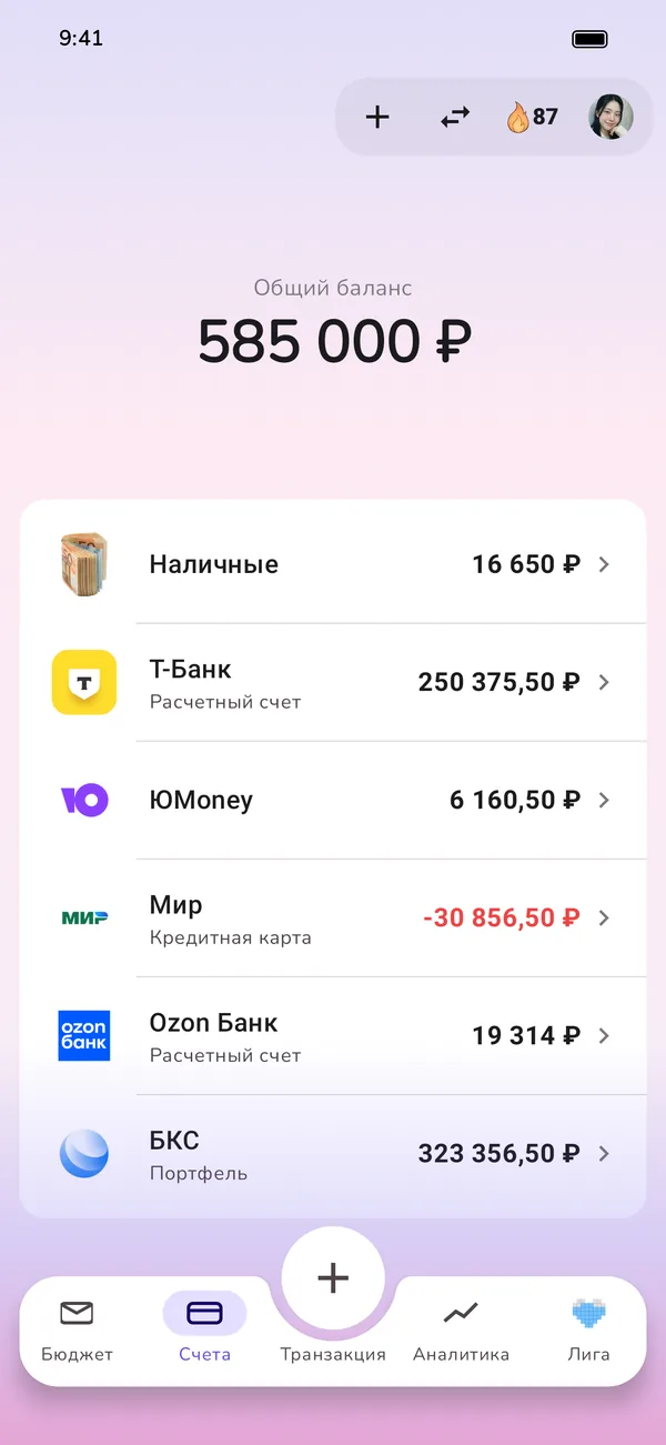 Все счета в одном обзоре: наличные, текущий счёт, кредитная карта и инвестиции