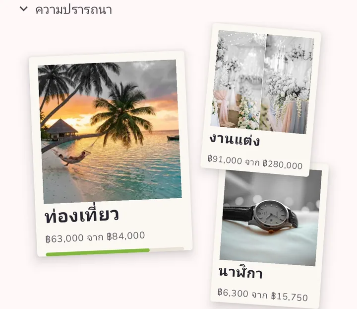 เป้าหมายการออมเป็นรูปโพลารอยด์บนงบประมาณ: ทริปในฝัน งานแต่ง และนาฬิกา พร้อมความคืบหน้า