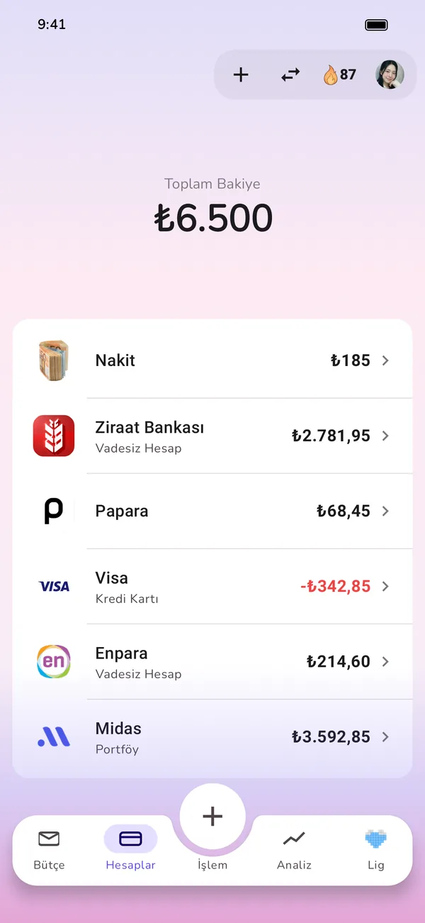 Tüm hesaplar tek bakışta: nakit, vadesiz hesap, kredi kartı ve portföy