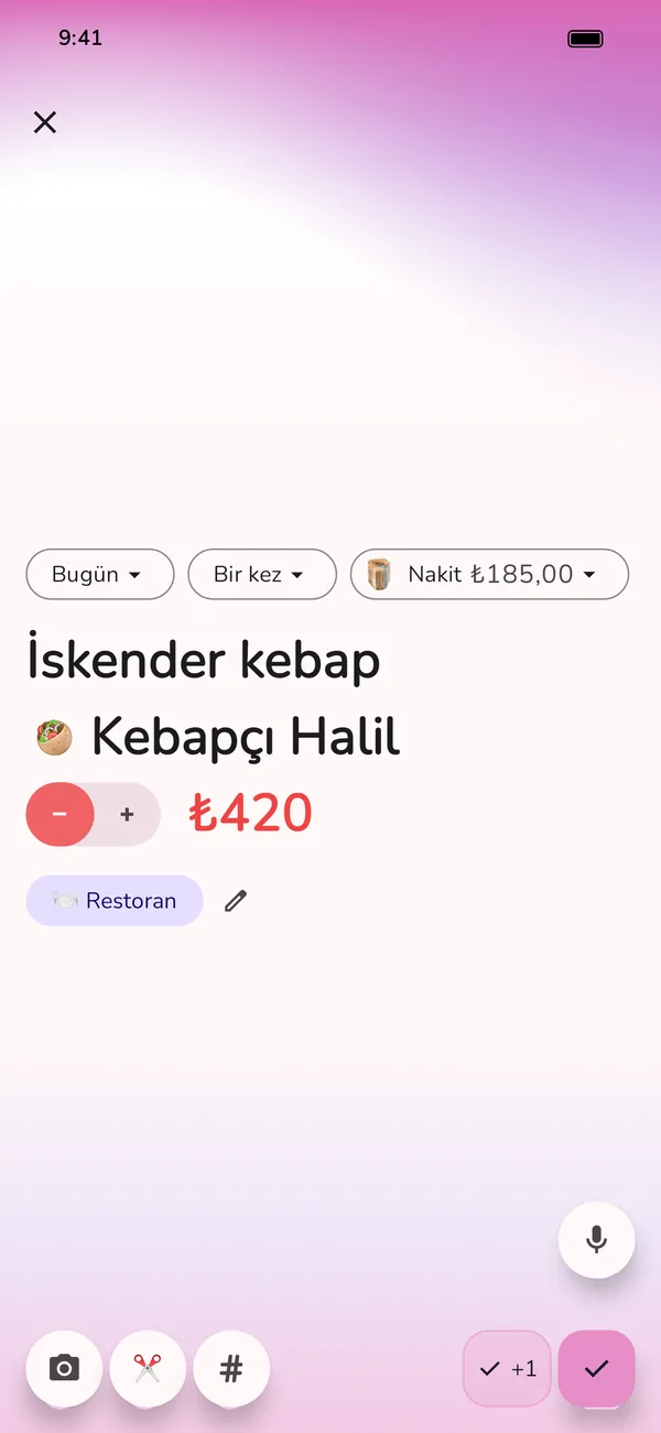 GetALife uygulamasında yeni harcama, önceden doldurulmuş: Kebapçı Halil’de İskender kebap, nakit ödendi, kategori Restoran