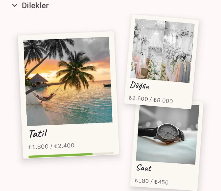 Bütçede polaroid olarak birikim hedefleri: hayaldeki tatil, düğün ve saat, ilerlemeleriyle
