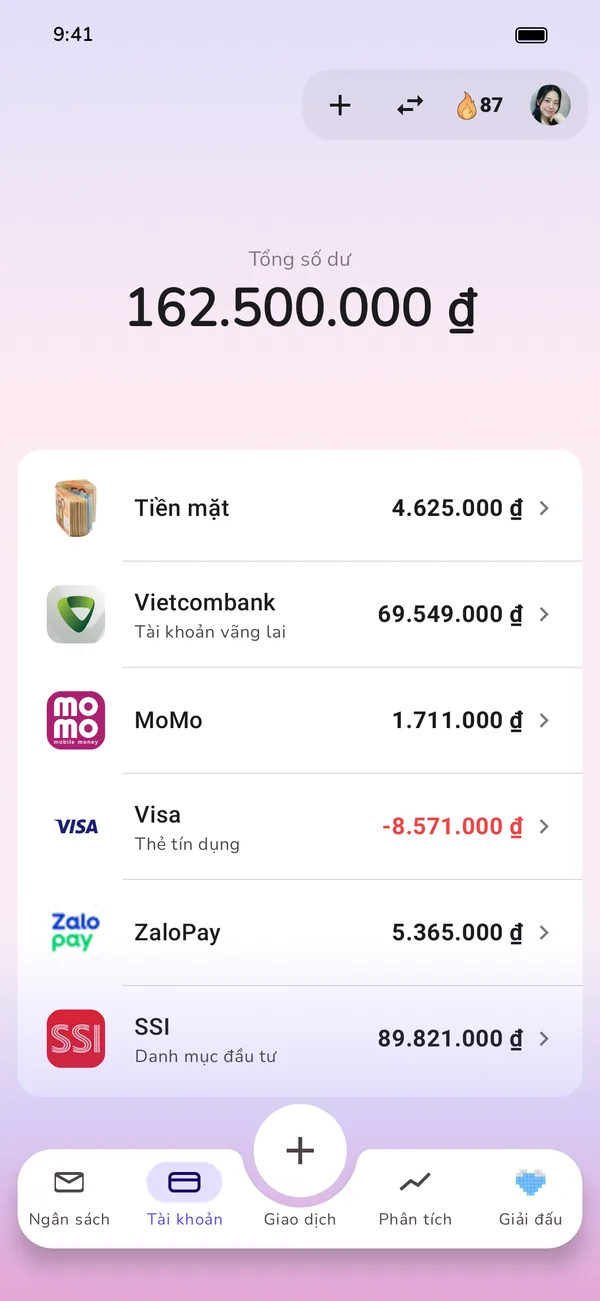 Mọi tài khoản trong một màn hình: tiền mặt, tài khoản thanh toán, thẻ tín dụng và danh mục đầu tư