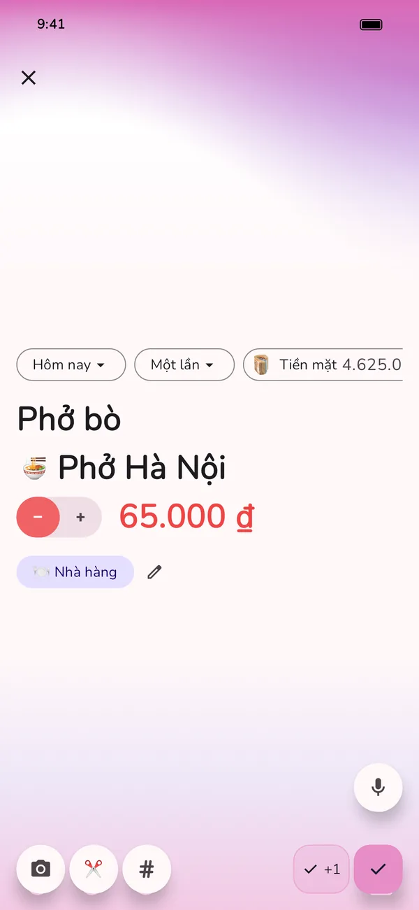 Khoản chi mới trong ứng dụng GetALife, đã điền sẵn: phở bò tại Phở Hà Nội, trả bằng tiền mặt, danh mục Nhà hàng