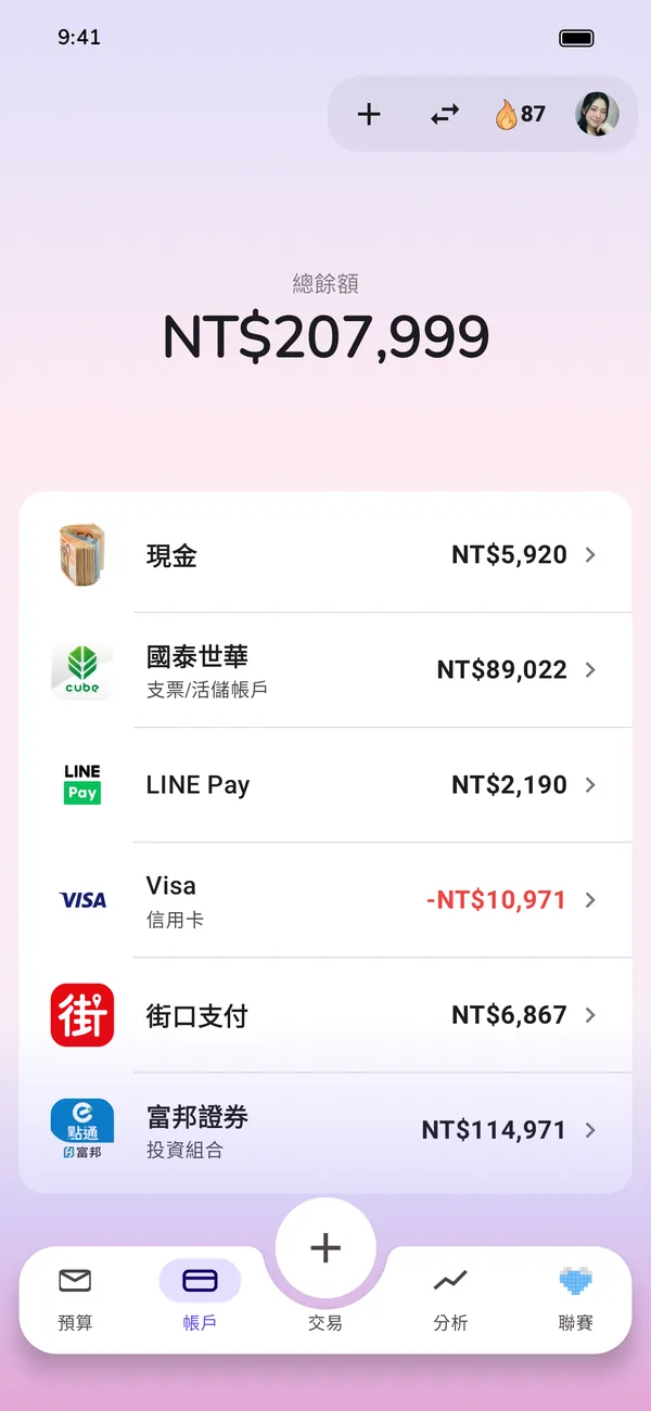 所有帳戶一覽:現金、活存、信用卡與投資帳戶