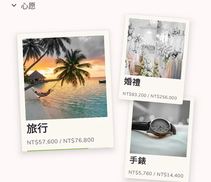 預算上的拍立得儲蓄目標：夢想旅行、婚禮和手錶，附進度