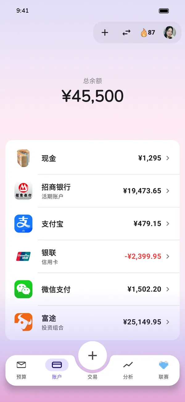 所有账户一览：现金、活期账户、信用卡和投资组合