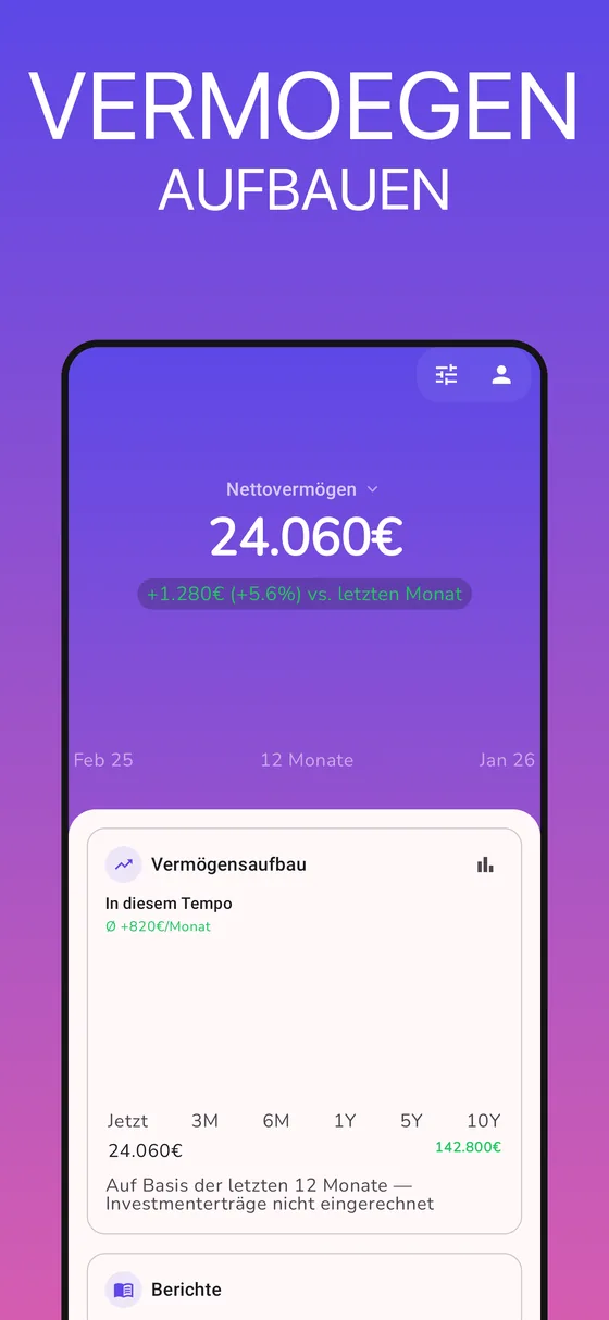 GetALife App: Nettovermögen mit Vermögensaufbau-Projektion als Grundlage der finanziellen Runway