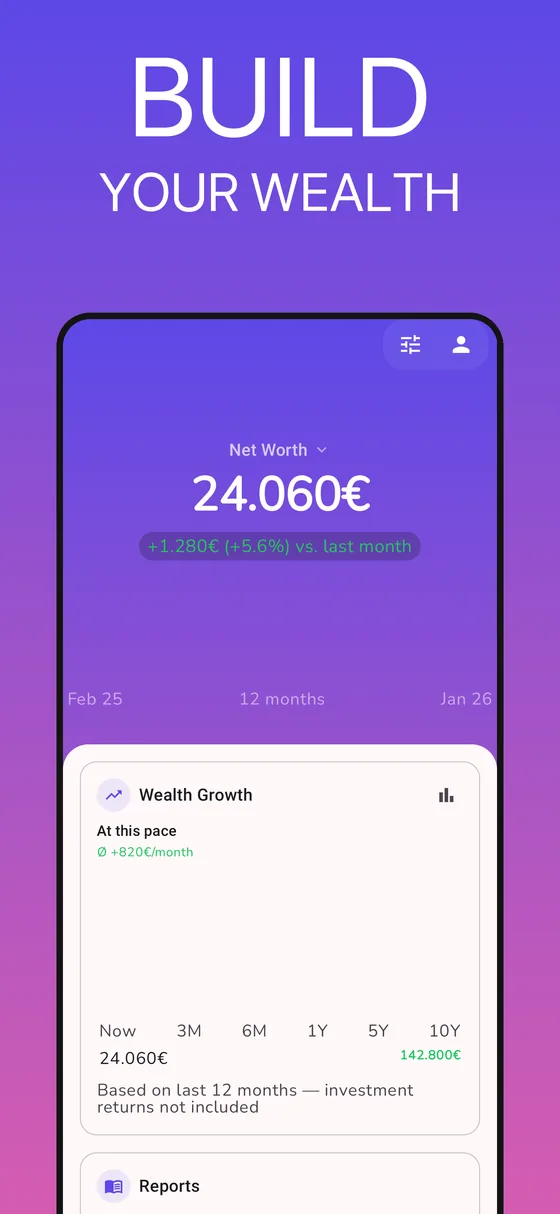 GetALife net worth tracker: net worth with 12-month history and projection