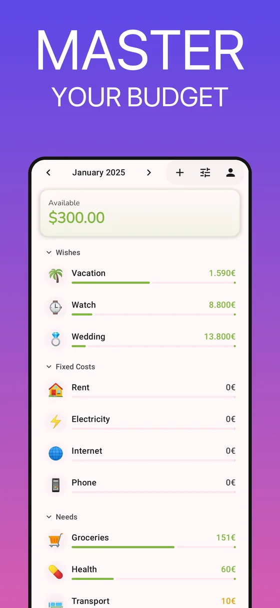 GetALife budget app: monthly budget with categories for wishes, fixed costs and needs