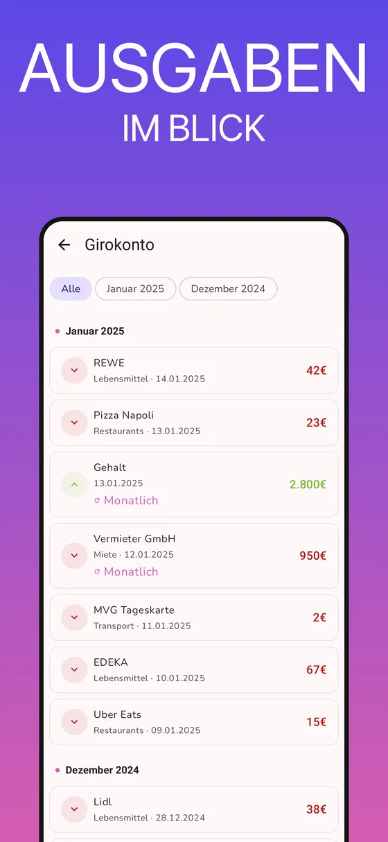 GetALife App: Transaktionsliste mit Kategorien und wiederkehrenden Buchungen