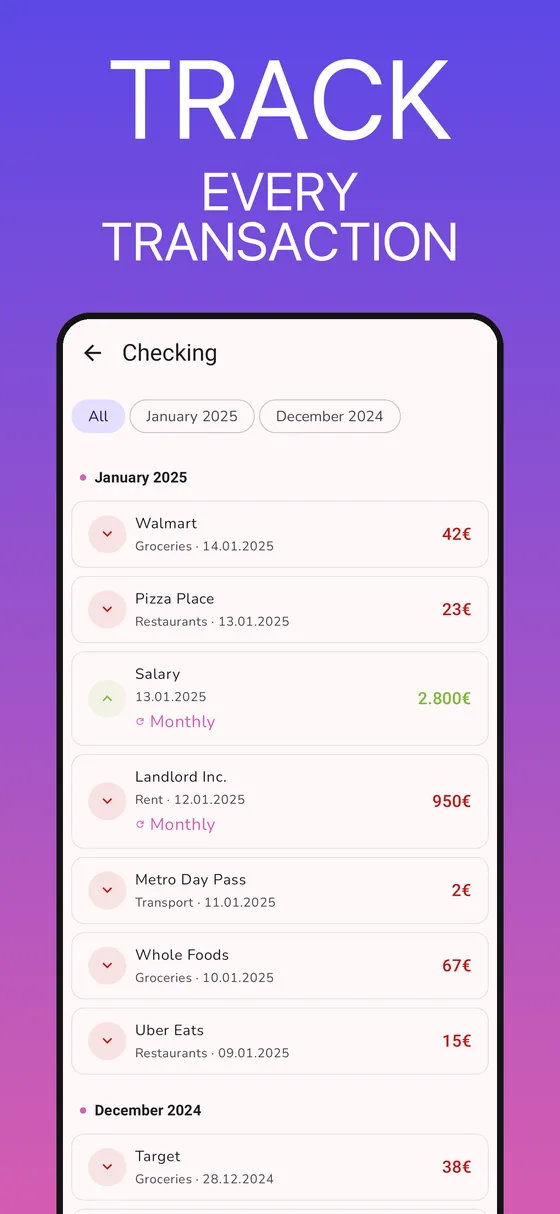 Expenses at a glance: transaction list with categories and recurring payments