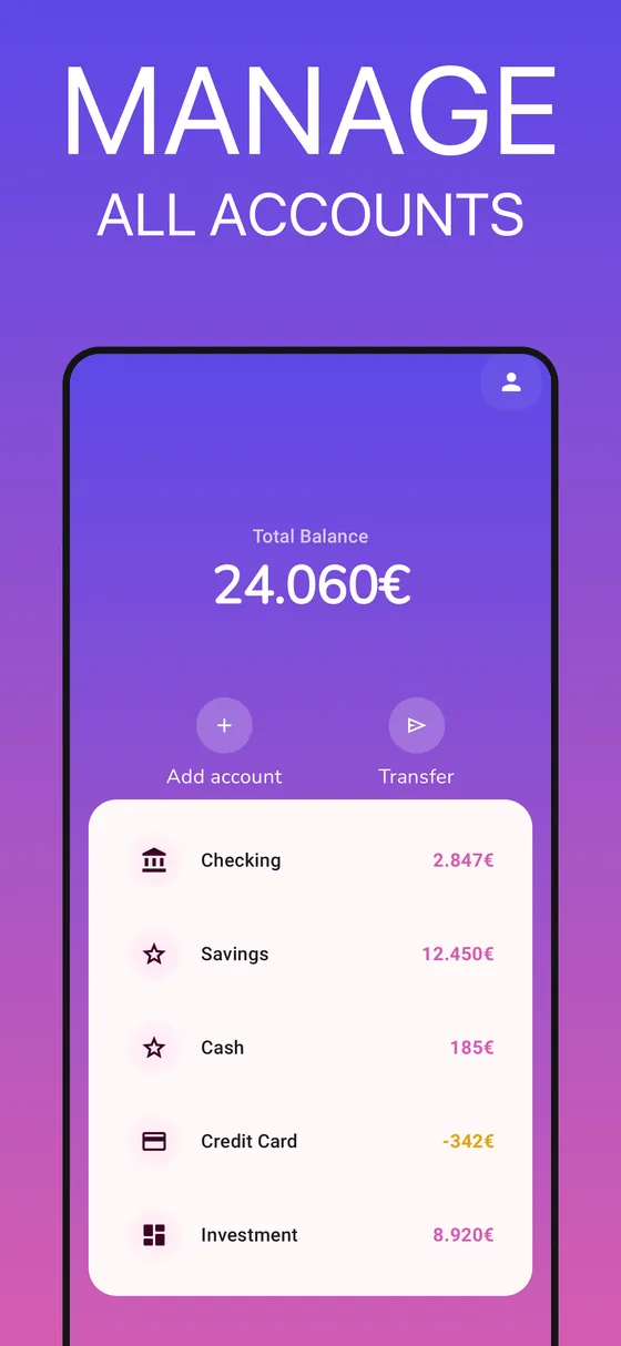 Manage all accounts: checking, savings, cash, credit card and ETF portfolio in one overview