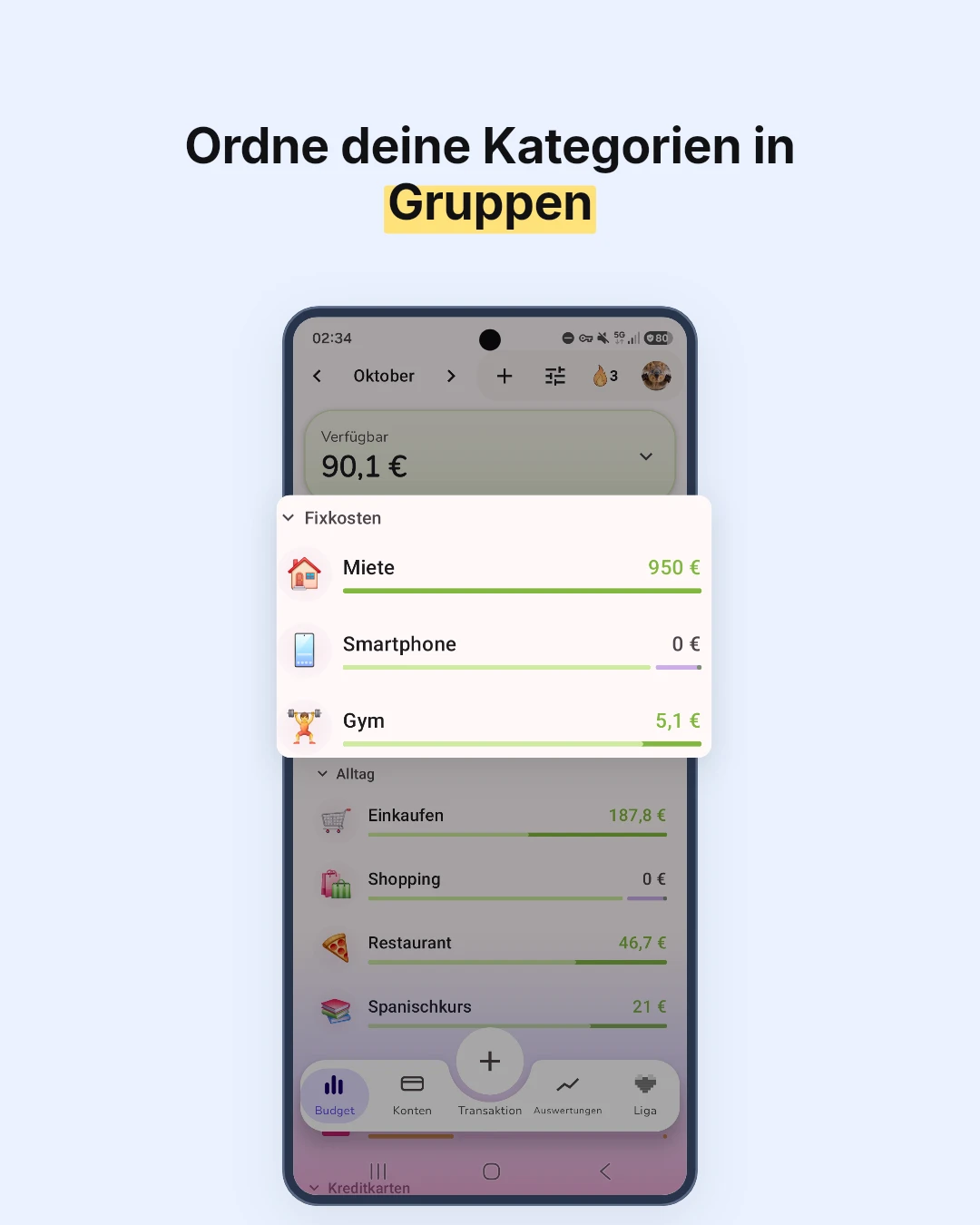 Kategorien-Gruppen im Budget-Screen von GetALife: die Gruppe Fixkosten mit Miete, Smartphone und Gym hervorgehoben