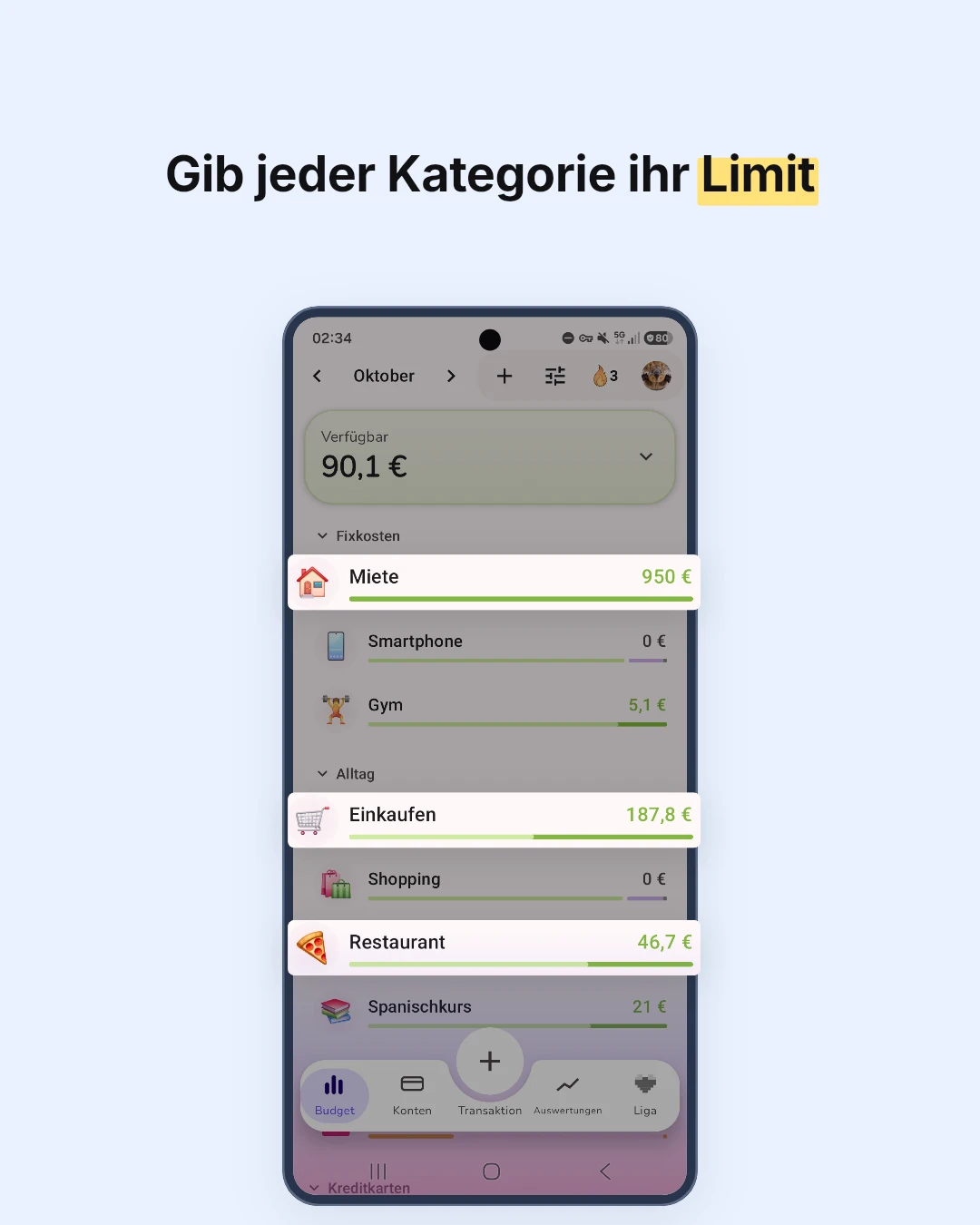 Budget-Screen von GetALife mit hervorgehobenen Kategorien Miete, Einkaufen und Restaurant samt Monatsbetrag