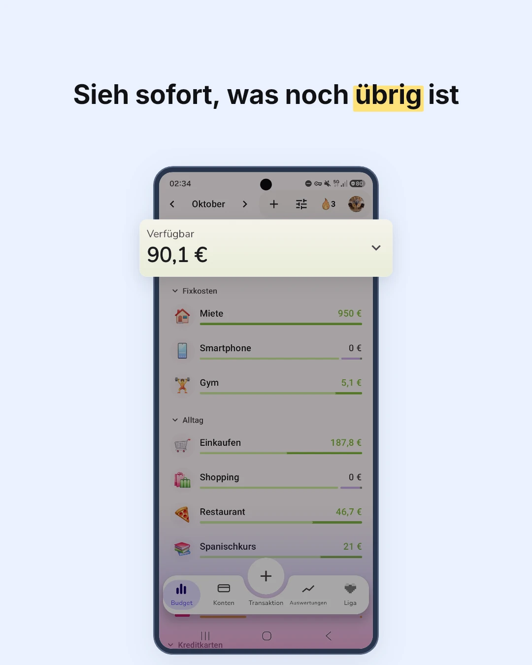 Verfügbar-Karte im Budget-Screen von GetALife mit 90,1 € noch zu verteilen, vergrößert